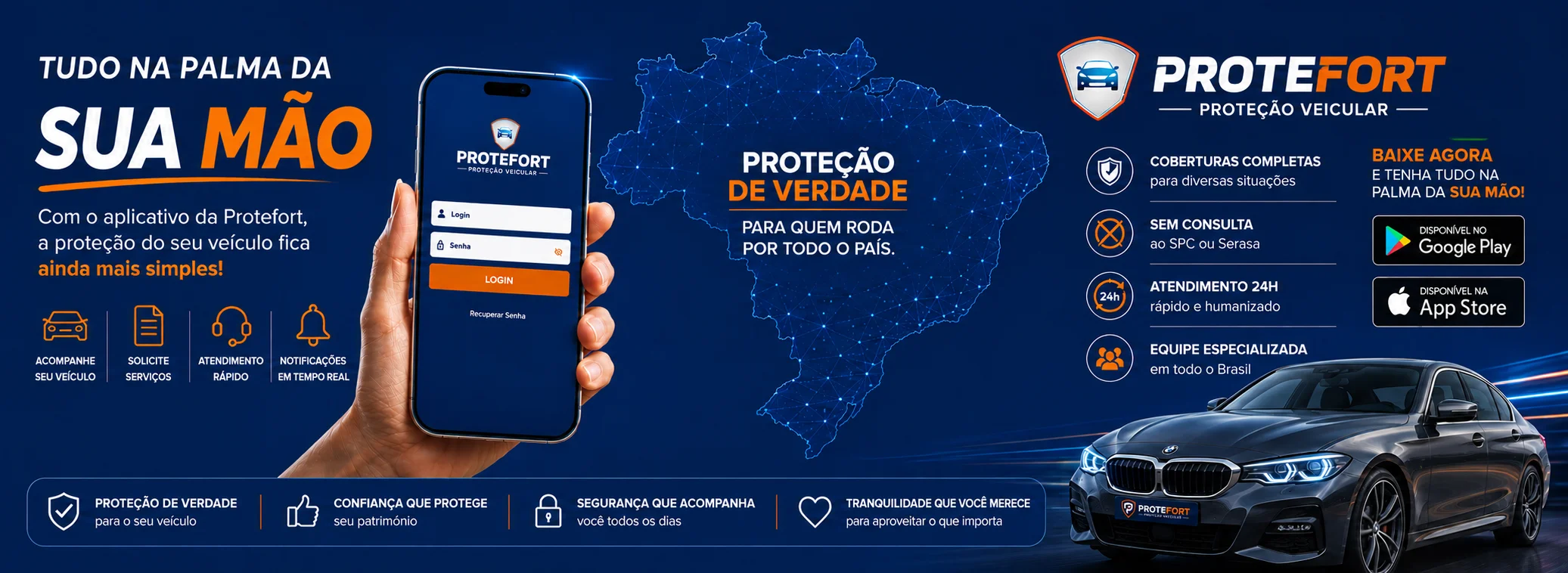 Aplicativo da Protefort - Tenha a sua proteção veicular na palma da mão. Emita 2ª via de boleto, acione o socorro e acompanhe seu veículo pelo celular.